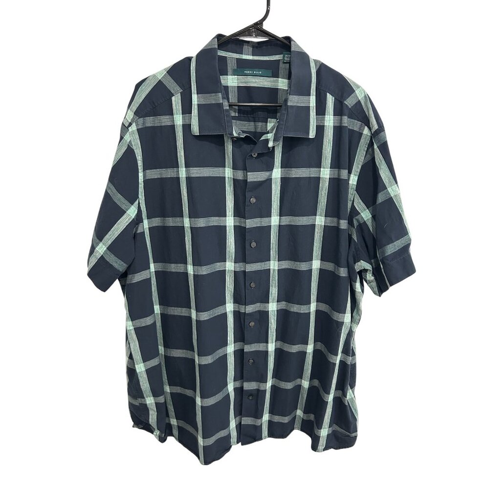 Perry Ellis Mens Blue Plaid Cotton Button-Down Shirt Size 2X Academia Retro